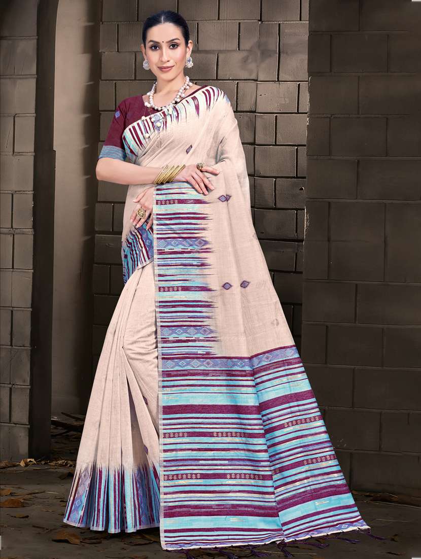 self design contrast border tussar saree with blouse
