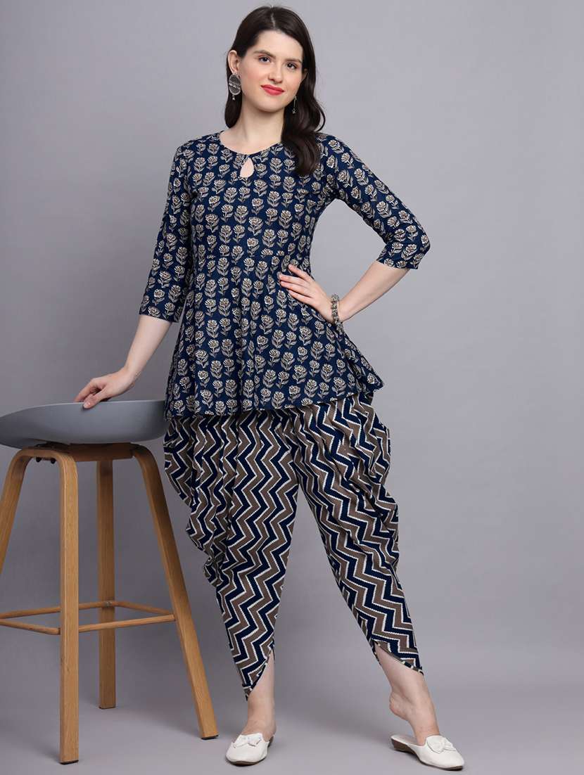 women blue floral printed dhoti kurta set