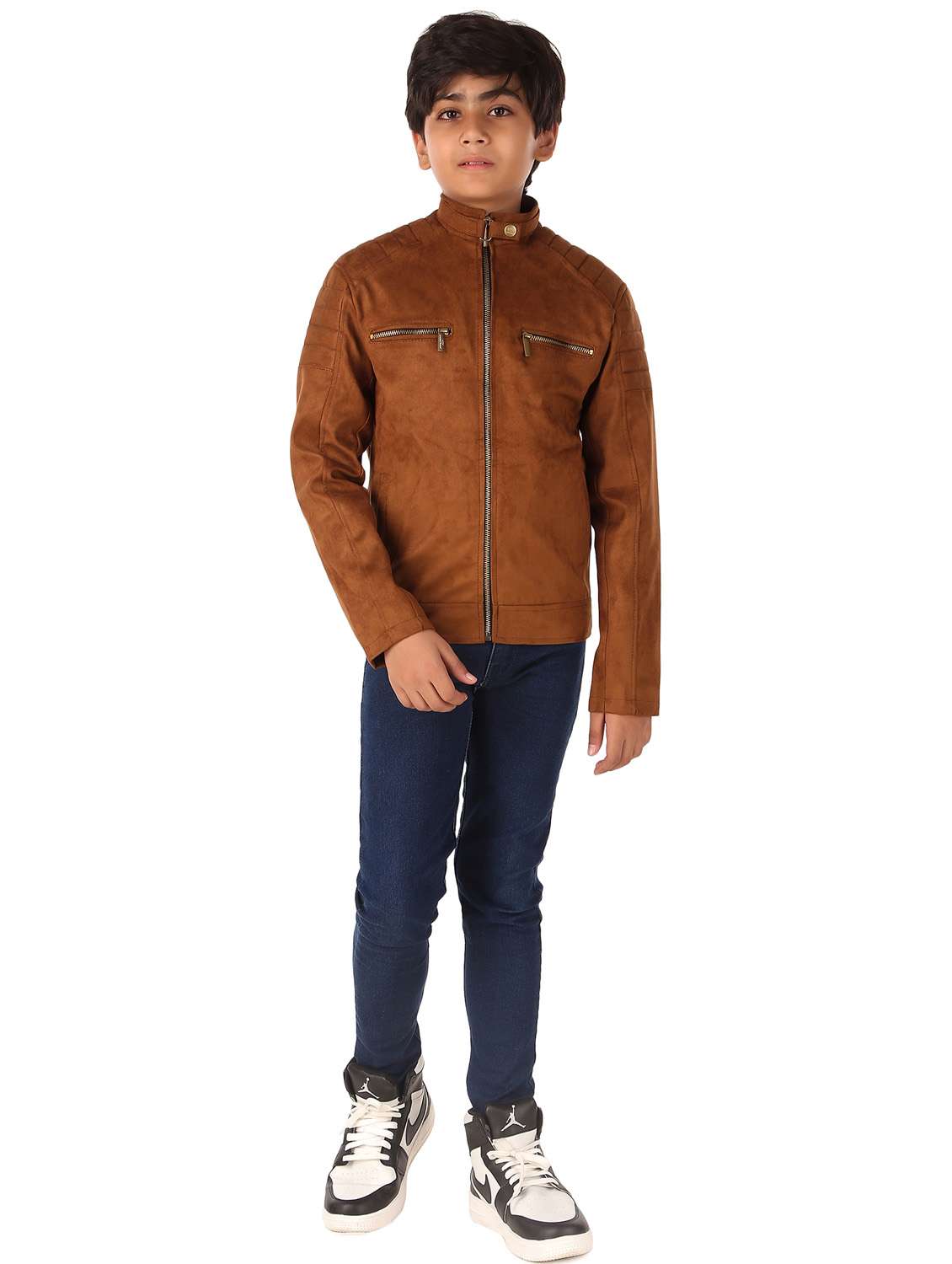 brown solid leather jacket - 21458480 -  Standard Image - 3