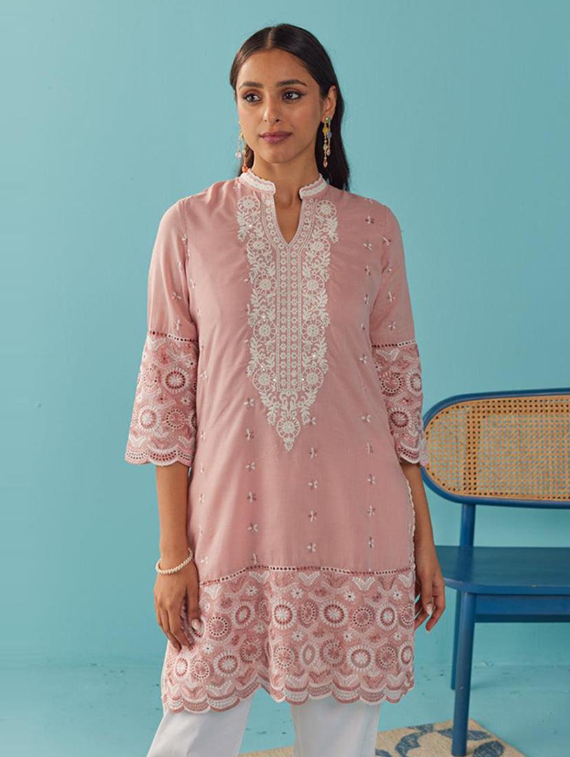 women peach three quarter sleeve straight kurta - 21458881 - Zoom Image - 0