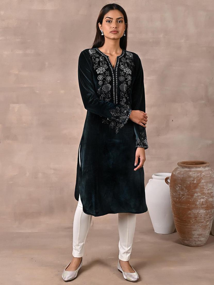 women green embroidery notch neck kurta