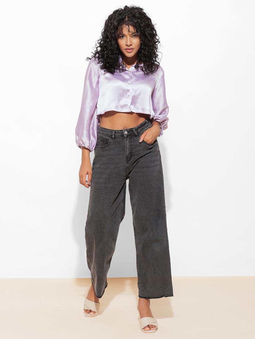 women solid puff sleeve crop shirt - 21460076 - Standard Image - 3