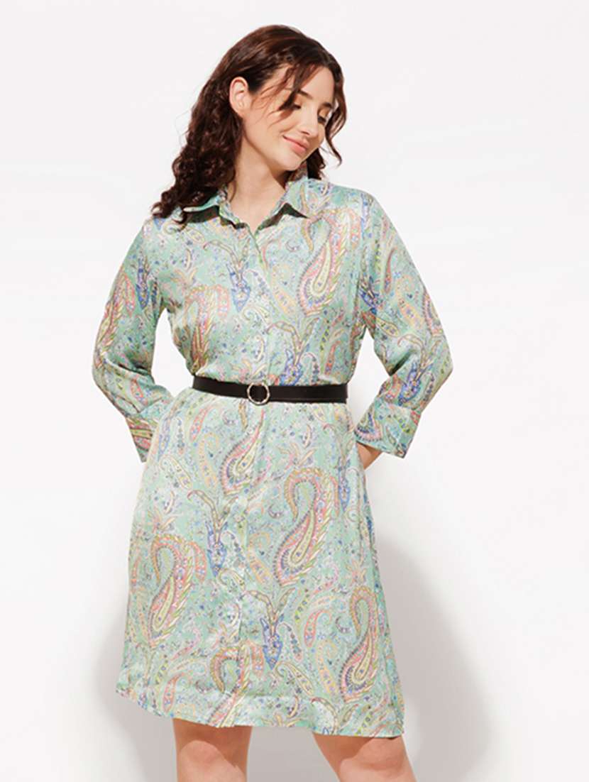 women green satin shirt dress