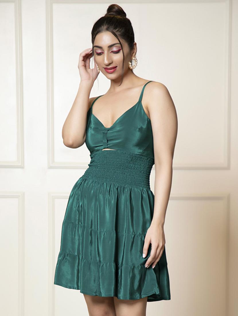 women teal green crepe fit & flare dress - 21460113 -  Zoom Image - 0
