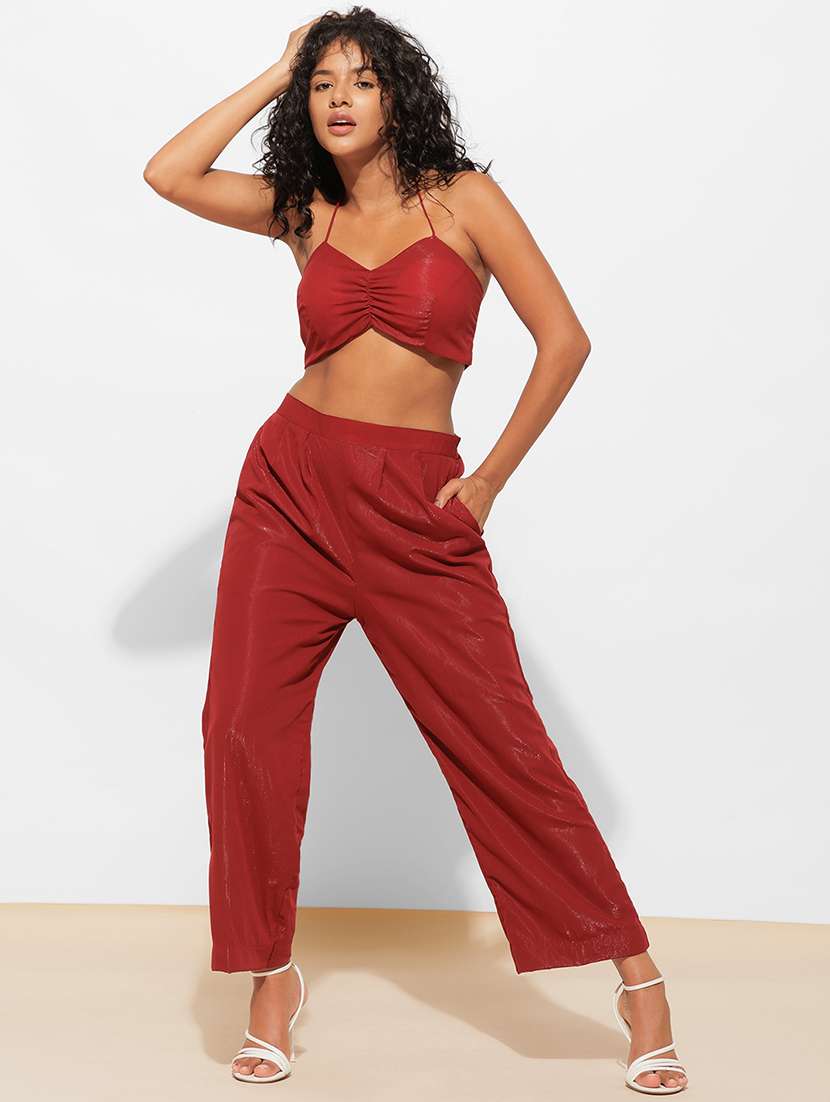 women brown cotton blend top and trouser co-ord set