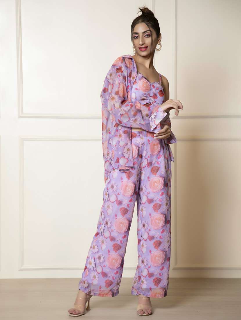Women Purple Floral Printed Top And Palazzos Co Ord Set
