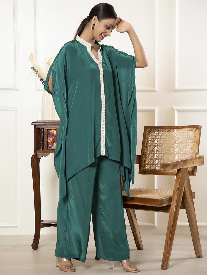 women green solid top and trouser co-ord set - 21460144 - Standard Image - 3