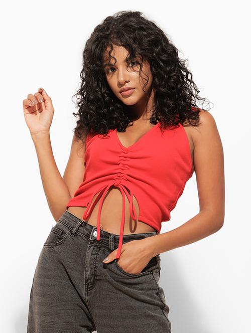 women red solid sleeveless crop top - 21460148 - Standard Image - 0
