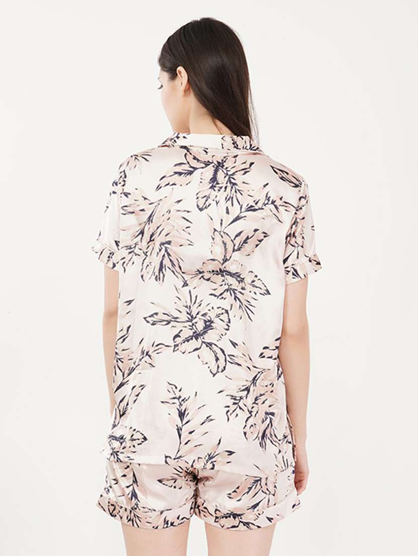 women cream printed satin shorts nightwear set  - 21460229 -  Standard Image - 3