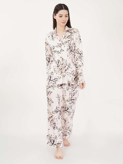 women cream printed satin pyjama nightwear set - 21460230 - Standard Image - 0