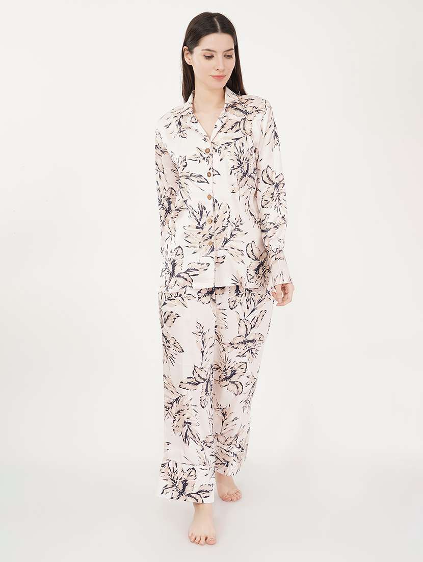 women cream printed satin pyjama nightwear set - 21460230 - Zoom Image - 0