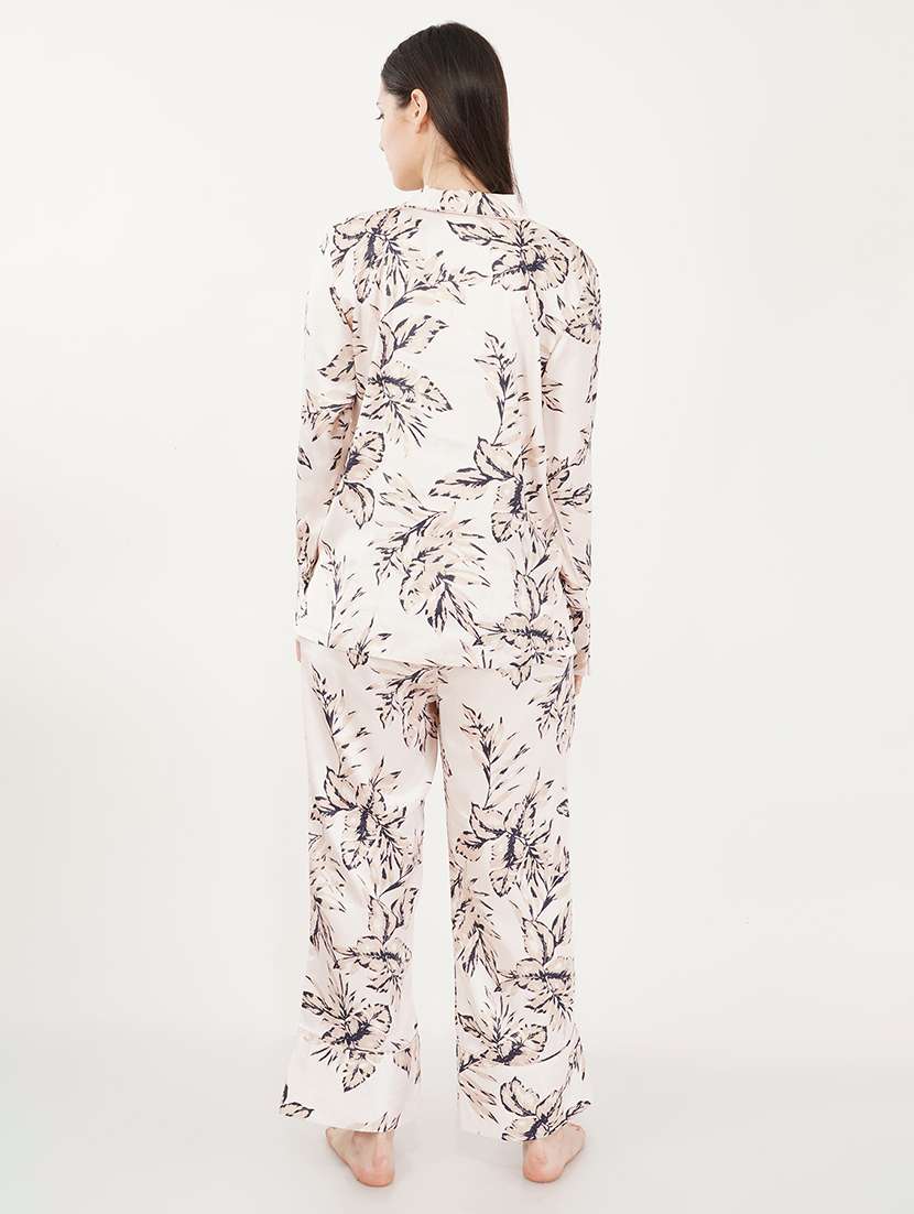 women cream printed satin pyjama nightwear set - 21460230 - Standard Image - 3