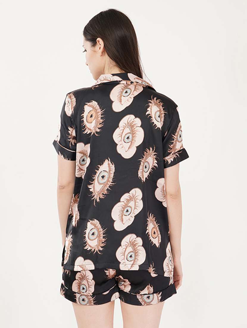 women black printed satin shorts nightwear set - 21460232 -  Standard Image - 3