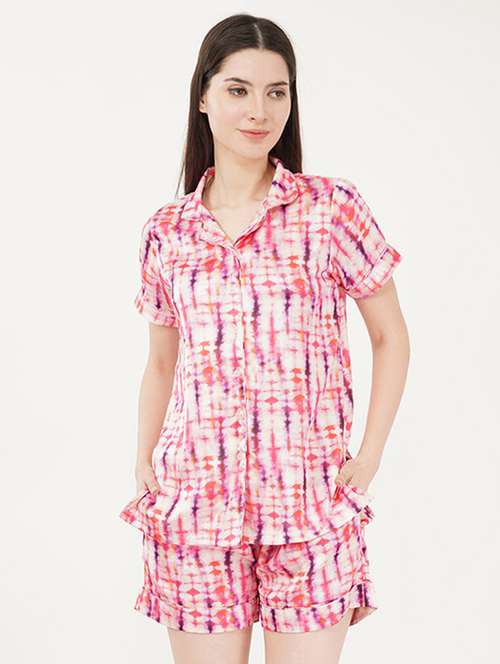 women pink tie & dye shorts nightwear set - 21460233 - Standard Image - 0