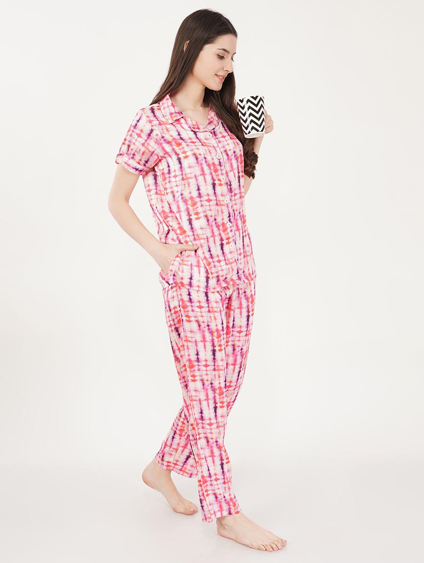 women pink satin pyjama nightwear set - 21460235 - Standard Image - 3