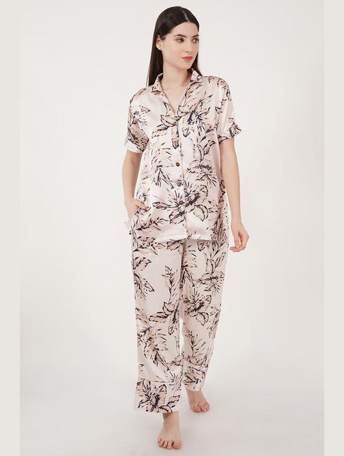 women beige satin pyjama nightwear set - 21460238 -  Standard Image - 0