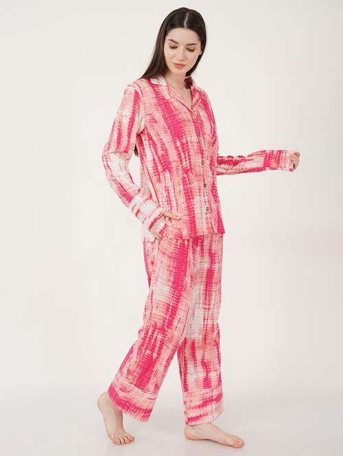 women pink cotton blend pyjama nightwear set - 21460241 - Standard Image - 0