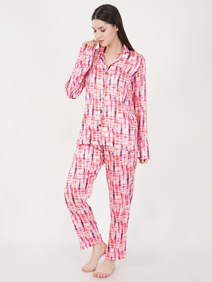 women pink tie & dye pyjama nightwear set - 21460242 - Zoom Image - 0