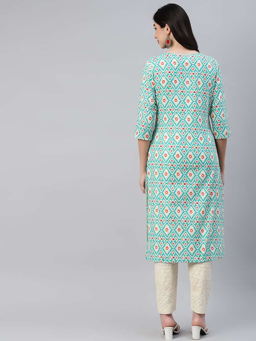 women sea green cotton straight kurta - 21461735 -  Standard Image - 3