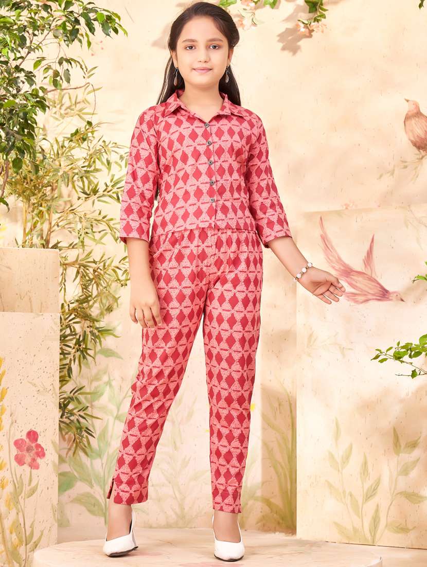 girls printed full length twin set