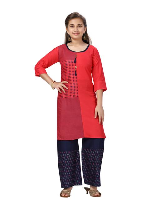 girls red cotton kurta pant suit set - 21462571 - Standard Image - 0