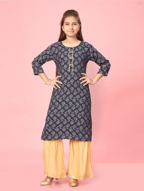 girls navy blue cotton kurta sharara suit set - 21462576 -  Standard Image - 0