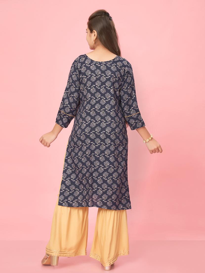 girls navy blue cotton kurta sharara suit set - 21462576 - Standard Image - 3
