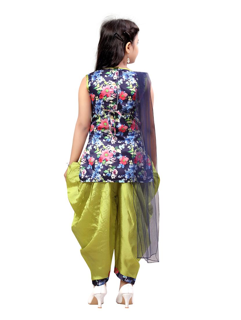 girls navy blue silk blend kurta salwar suit set - 21462584 - Standard Image - 3