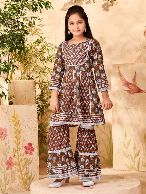 girls brown cotton kurta sharara suit set