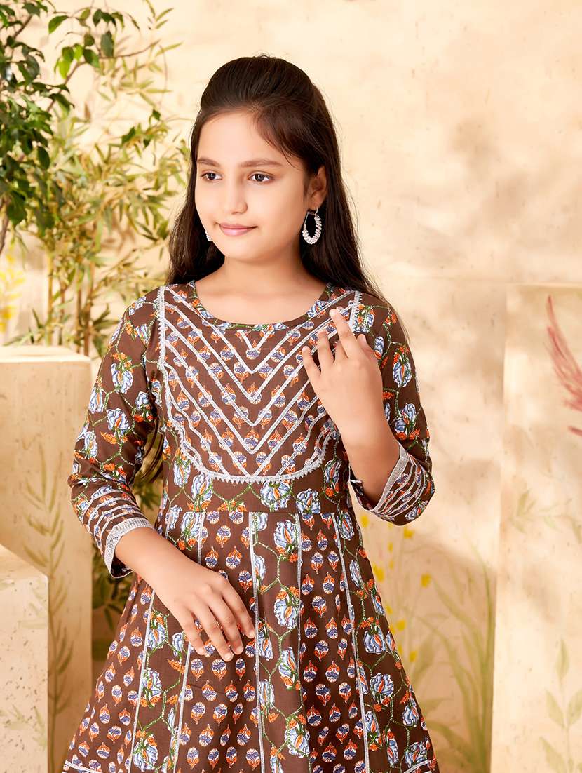Girls Brown Cotton Kurta Sharara Suit Set