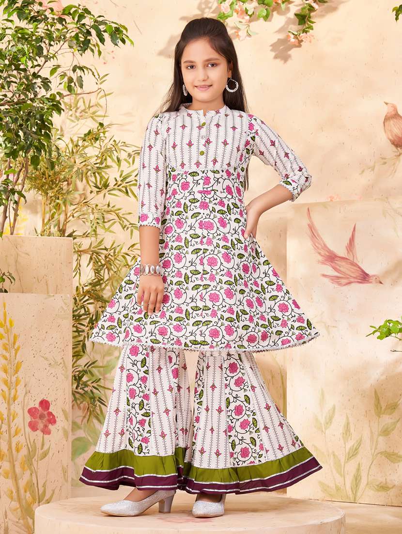 Girls White Cotton Kurta Sharara Suit Set