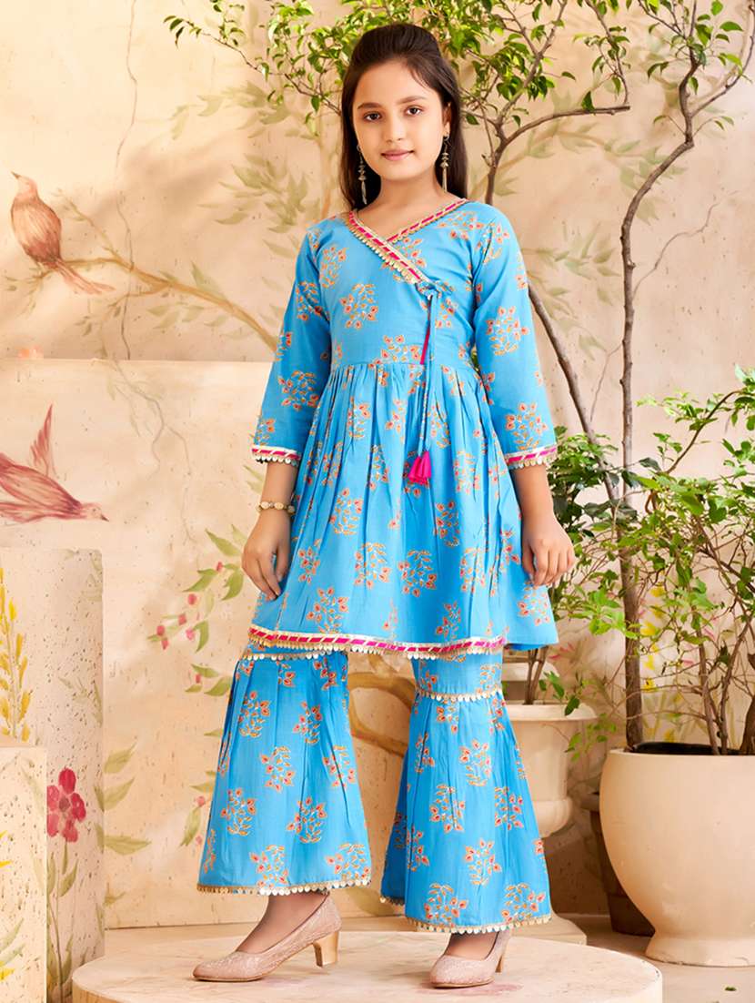 girls blue cotton kurta sharara suit set