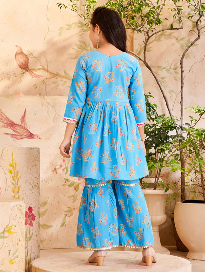 girls blue cotton kurta sharara suit set - 21462649 -  Standard Image - 3