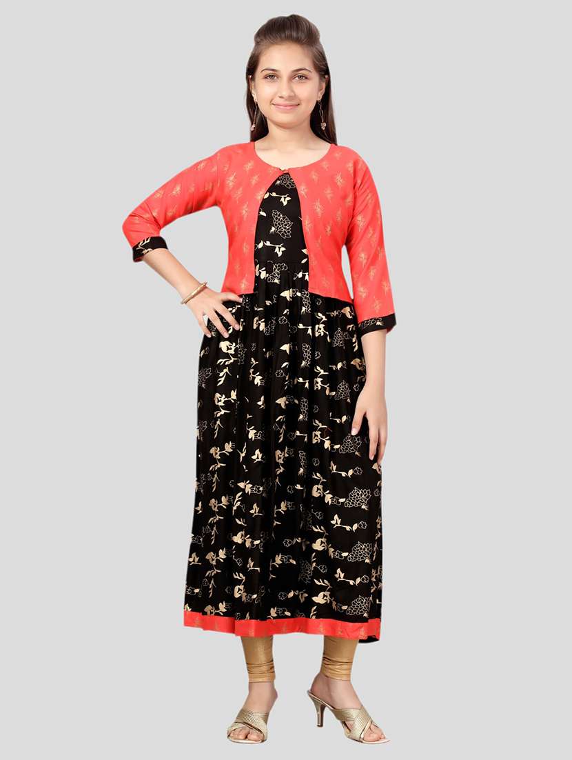 girls black printed flared kurta with jacket
