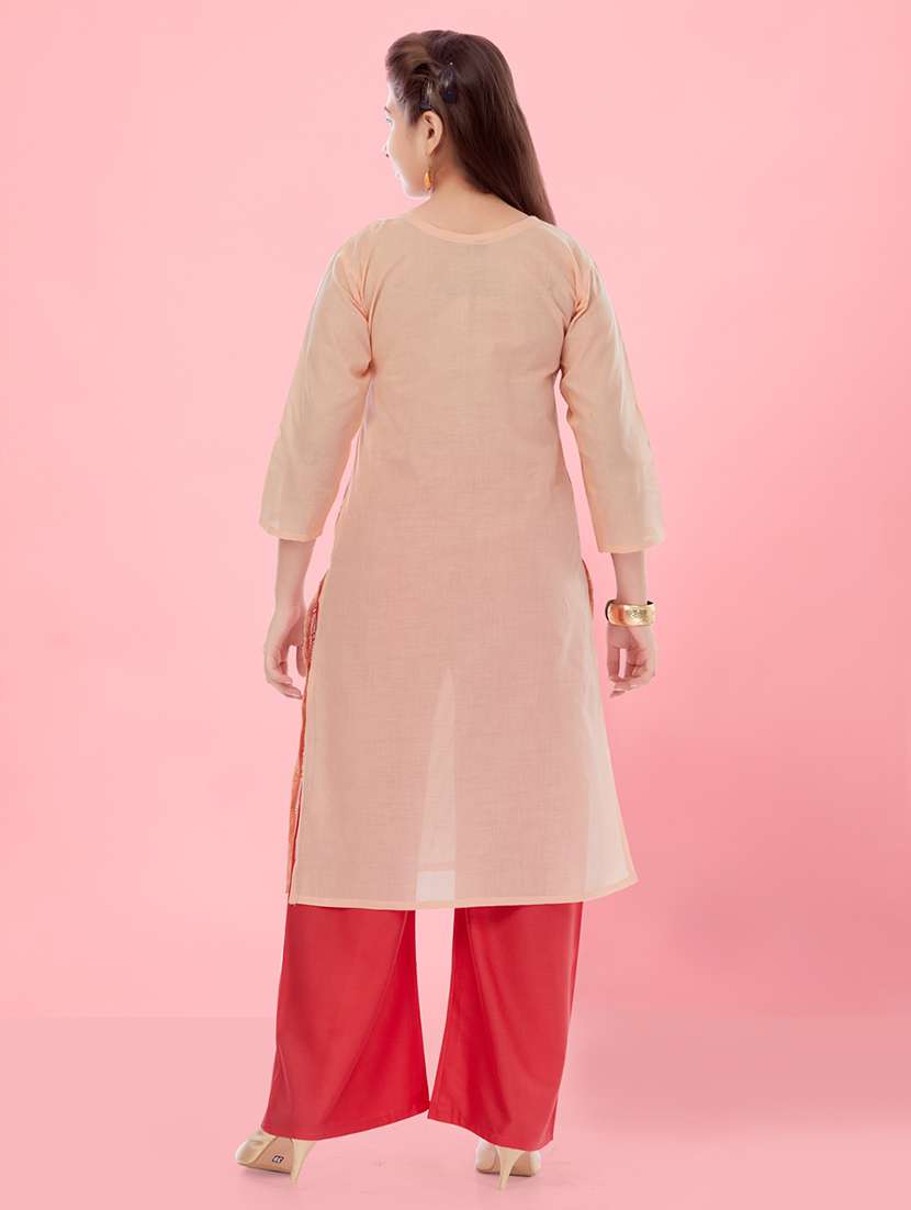 girls peach round neck straight kurta - 21462677 -  Standard Image - 3