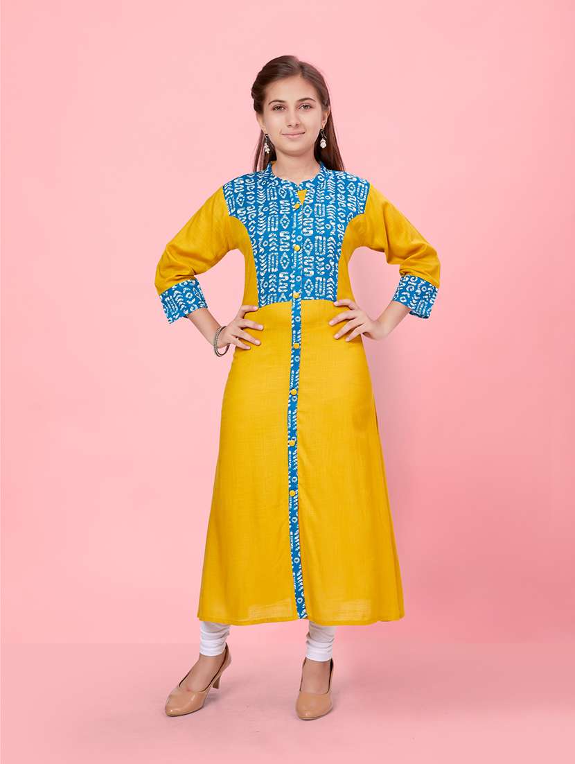girls yellow cotton a-line kurta
