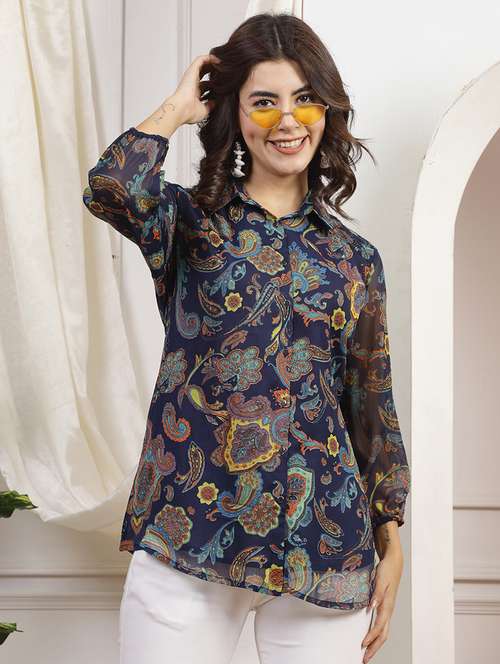 women navy blue printed long sleeves shirt - 21463029 -  Standard Image - 0
