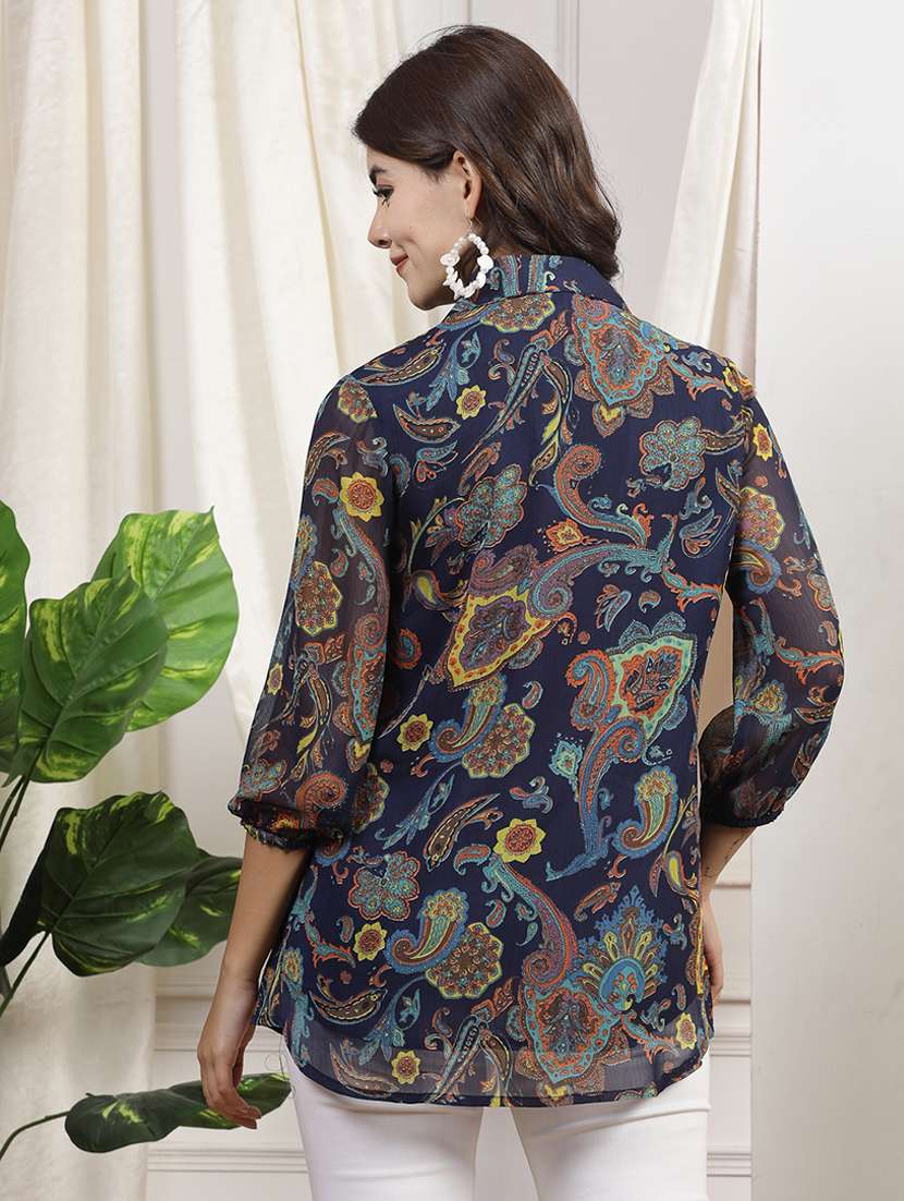 women navy blue printed long sleeves shirt - 21463029 -  Standard Image - 3