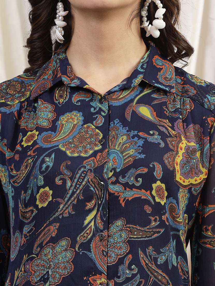 women navy blue printed long sleeves shirt - 21463029 -  Standard Image - 5