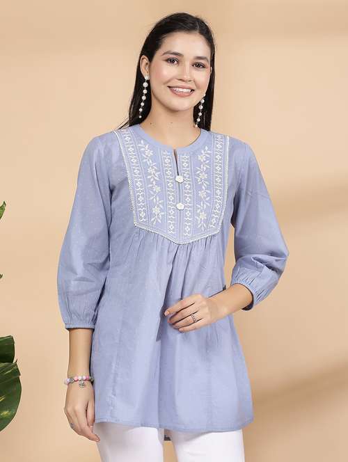 women light blue embroidered a-line kurti - 21463036 -  Standard Image - 0