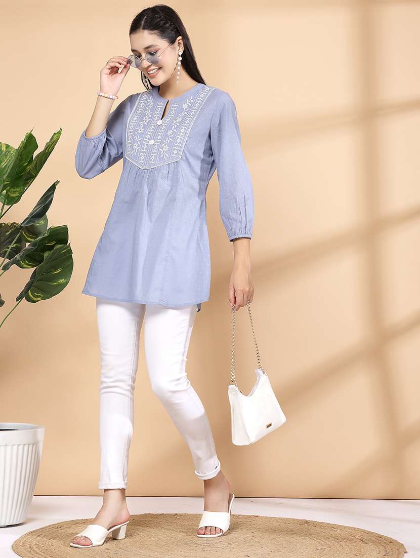 women light blue embroidered a-line kurti - 21463036 -  Standard Image - 3