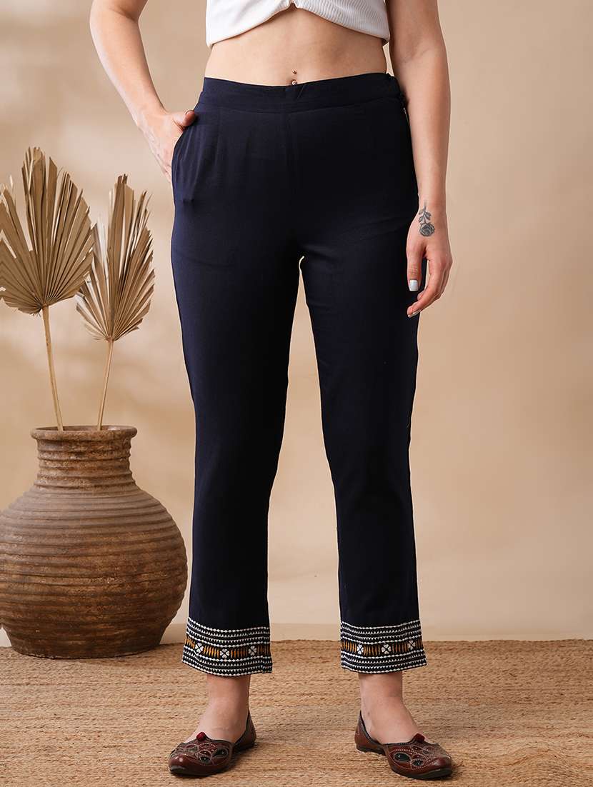 globus women blue flat front partially elasticated mid rise embroidered hem straight ankle length fusion pants - 21463077 - Zoom Image - 0