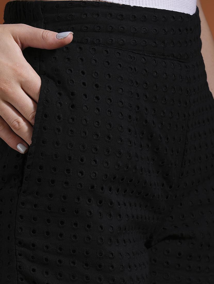 globus women black cotton schiffli mid rise partially elasticated mini shorts - 21463078 - Standard Image - 5