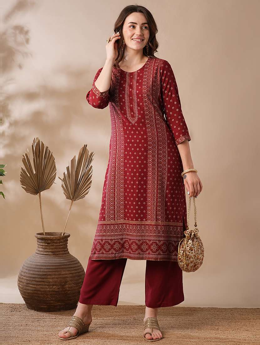 globus women maroon round neck ethnic motifs gold foil print straight workwear kurta & elasticated pants set