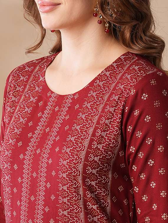globus women maroon round neck ethnic motifs gold foil print straight workwear kurta & elasticated pants set - 21463092 - Standard Image - 5