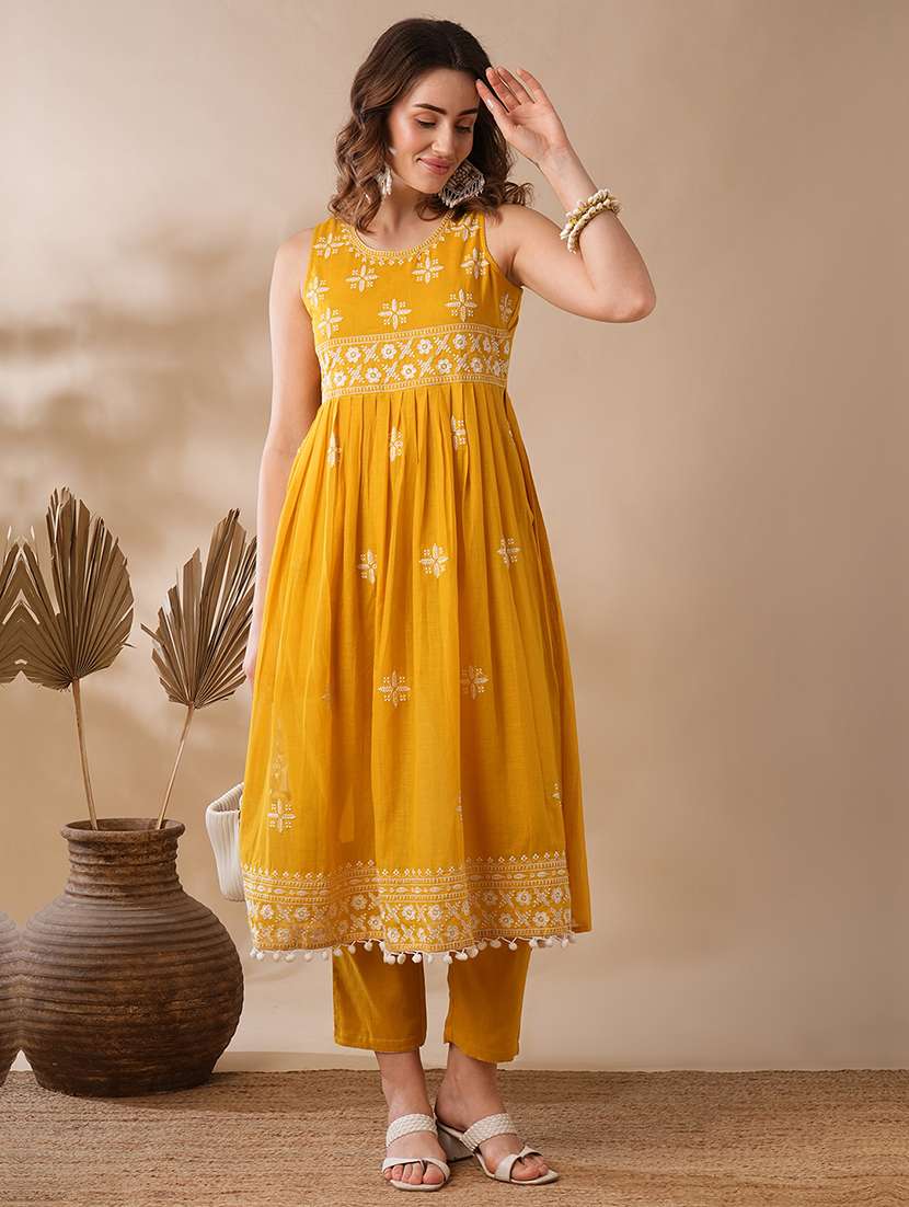globus women mustard floral embroidered pleated high-slit pom pom hem a-line festive kurta & pants set