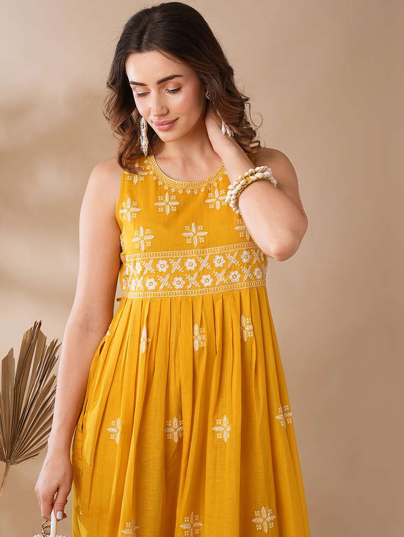 globus women mustard floral embroidered pleated high-slit pom pom hem a-line festive kurta & pants set - 21463095 -  Standard Image - 3