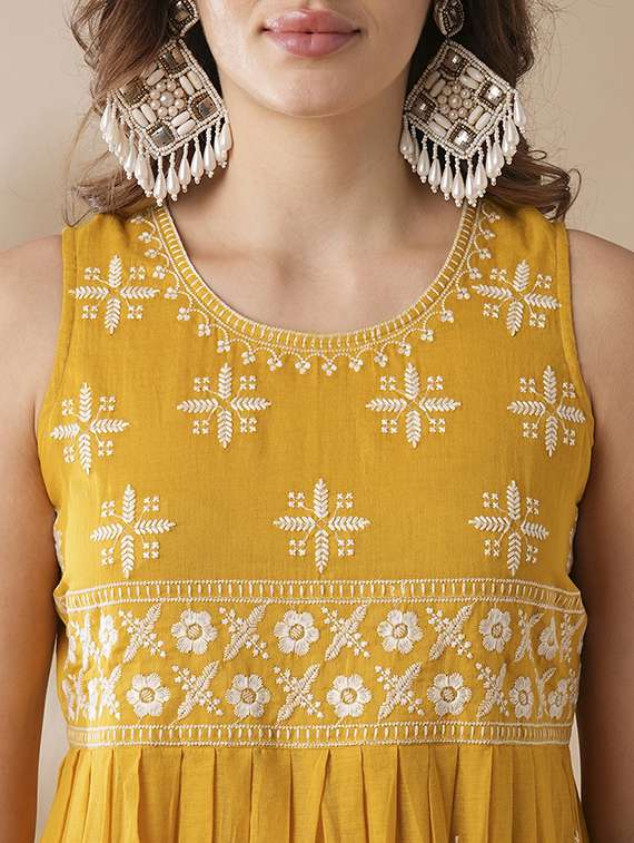 globus women mustard floral embroidered pleated high-slit pom pom hem a-line festive kurta & pants set - 21463095 -  Standard Image - 5