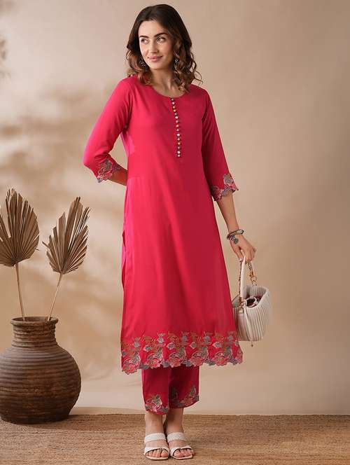 globus women pink potli button floral scalloped hem straight workwear kurta & elasticated pants set - 21463097 -  Standard Image - 0