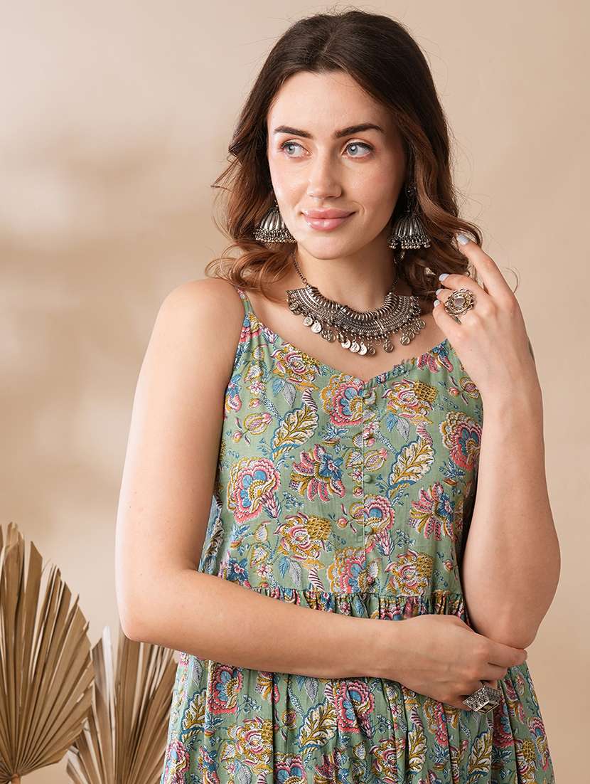 globus women green v-neck strappy shoulder mix & match floral print tiered fusion a-line kurta & pants set - 21463100 -  Standard Image - 3